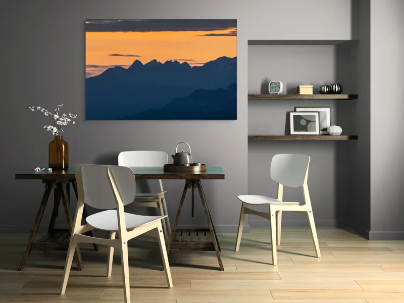 Tablou Canvas, "Munții la apus de soare", Cer, Siluetă, Munți, Apus, Norii, Peisaj, Lumină, Umbre., 150 x 100 cm – poza 5