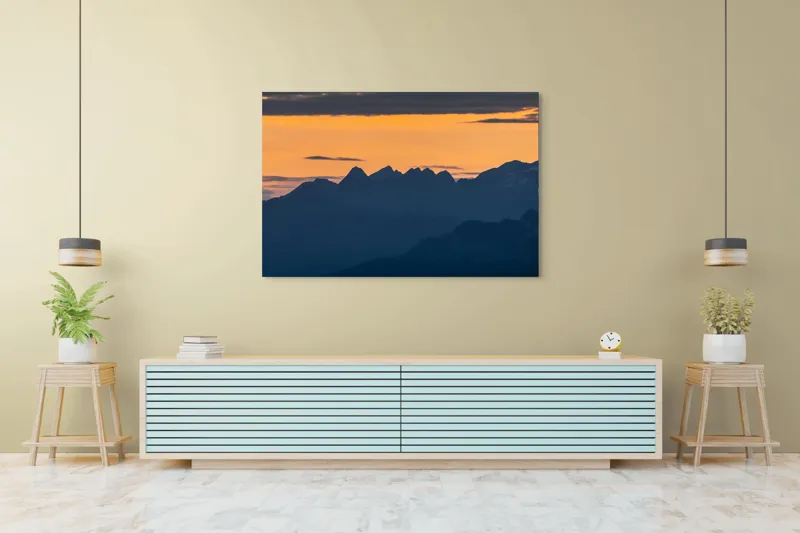 Tablou Canvas, "Munții la apus de soare", Cer, Siluetă, Munți, Apus, Norii, Peisaj, Lumină, Umbre., 150 x 100 cm – poza 6