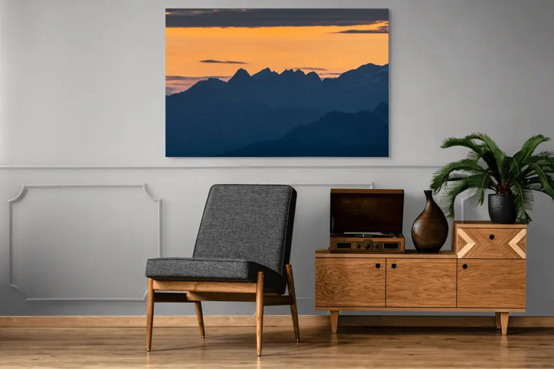 Tablou Canvas, "Munții la apus de soare", Cer, Siluetă, Munți, Apus, Norii, Peisaj, Lumină, Umbre., 150 x 100 cm – poza 8