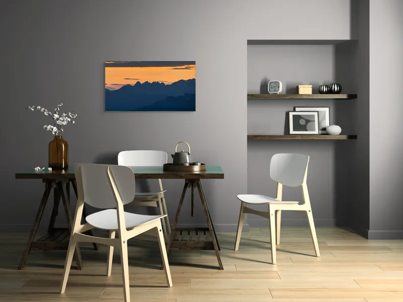 Tablou Canvas, "Munții la apus de soare", Cer, Siluetă, Munți, Apus, Norii, Peisaj, Lumină, Umbre., 90 x 50 cm – poza 3