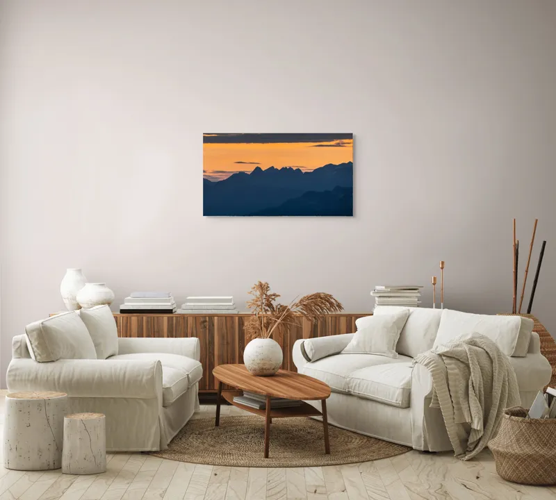 Tablou Canvas, "Munții la apus de soare", Cer, Siluetă, Munți, Apus, Norii, Peisaj, Lumină, Umbre., 90 x 50 cm – poza 4