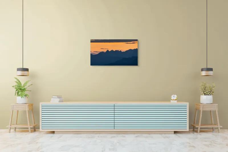 Tablou Canvas, "Munții la apus de soare", Cer, Siluetă, Munți, Apus, Norii, Peisaj, Lumină, Umbre., 90 x 50 cm – poza 5