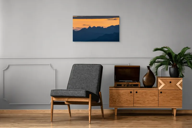 Tablou Canvas, "Munții la apus de soare", Cer, Siluetă, Munți, Apus, Norii, Peisaj, Lumină, Umbre., 90 x 50 cm – poza 6