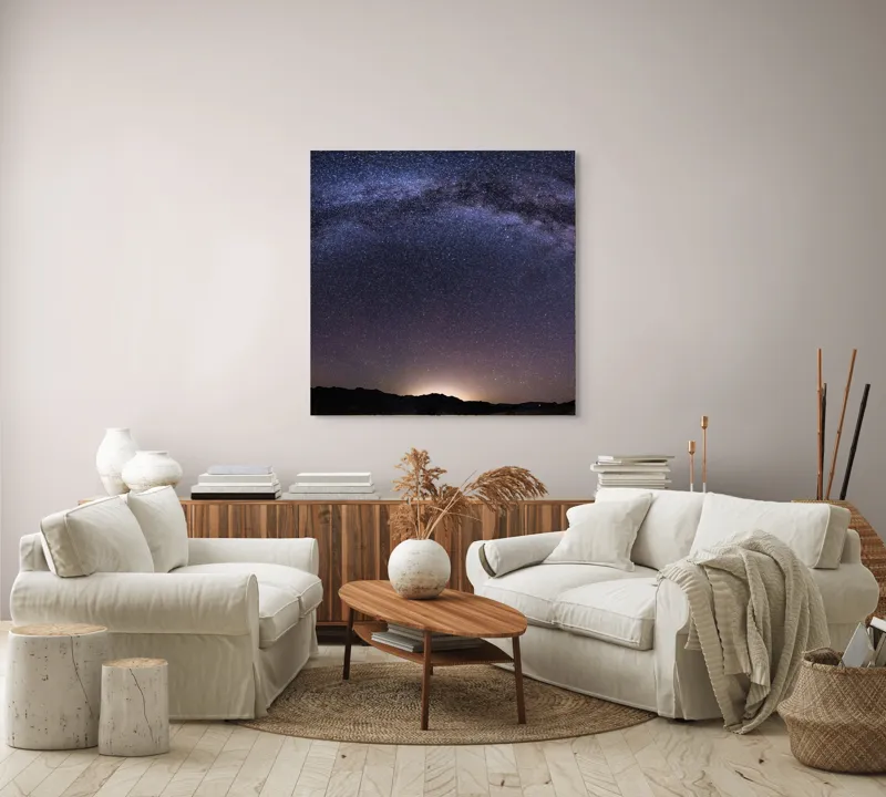 Tablou Canvas, "Calea Lactee deasupra orizontului nocturn", Stele, Galaxie, Cale, Lactee, Cer, Înstelat, Noapte, Infinit, Lumină, Arc, Univers, Mister, Splendoare, Viziune, Cosmică, 100 x 100 cm – poza 3