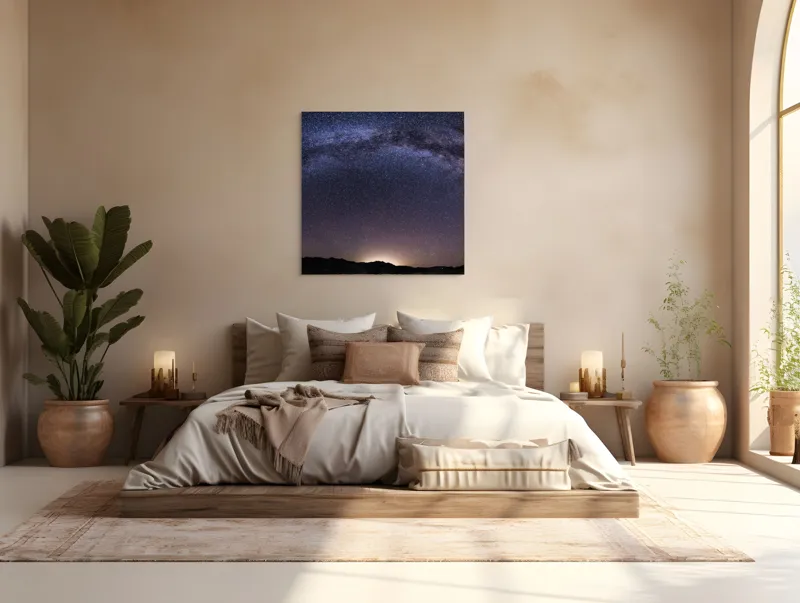 Tablou Canvas, "Calea Lactee deasupra orizontului nocturn", Stele, Galaxie, Cale, Lactee, Cer, Înstelat, Noapte, Infinit, Lumină, Arc, Univers, Mister, Splendoare, Viziune, Cosmică, 100 x 100 cm – poza 4