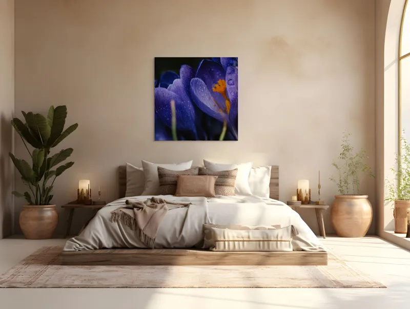 Tablou Canvas, "Petale violet mângâiate de ploaie", Picături, Petale, Violet, Stamine, Frumusețe, Natură, 100 x 100 cm – poza 4
