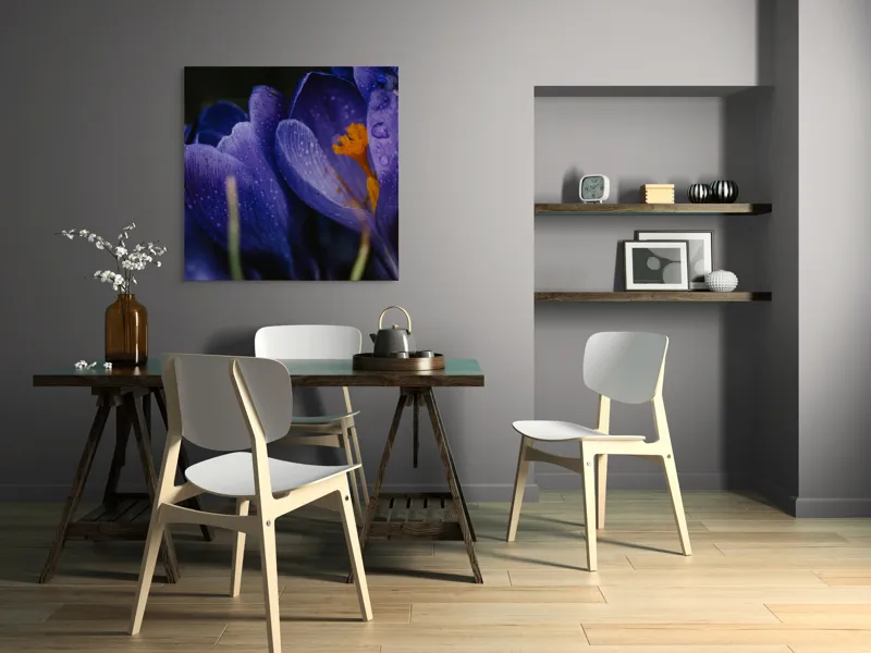 Tablou Canvas, "Petale violet mângâiate de ploaie", Picături, Petale, Violet, Stamine, Frumusețe, Natură, 100 x 100 cm – poza 6