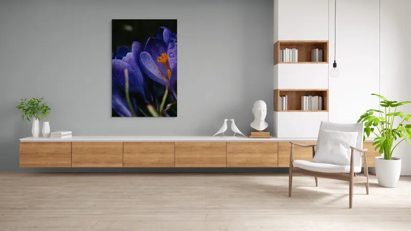 Tablou Canvas, "Petale violet mângâiate de ploaie", Picături, Petale, Violet, Stamine, Frumusețe, Natură, 100 x 150 cm – poza 8