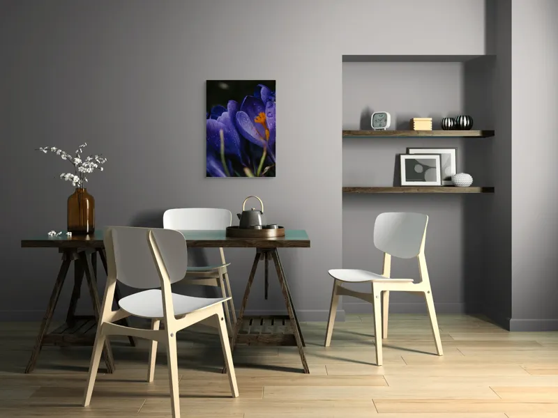 Tablou Canvas, "Petale violet mângâiate de ploaie", Picături, Petale, Violet, Stamine, Frumusețe, Natură, 50 x 70 cm – poza 5