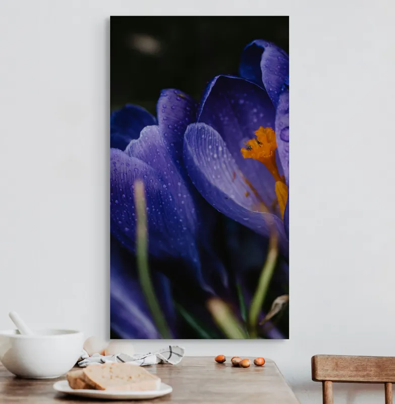 Tablou Canvas, "Petale violet mângâiate de ploaie", Picături, Petale, Violet, Stamine, Frumusețe, Natură, 50 x 90 cm – poza 3