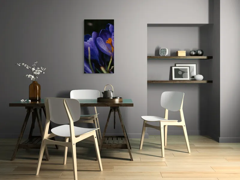 Tablou Canvas, "Petale violet mângâiate de ploaie", Picături, Petale, Violet, Stamine, Frumusețe, Natură, 50 x 90 cm – poza 4