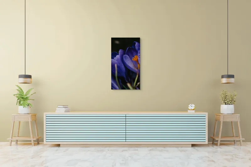Tablou Canvas, "Petale violet mângâiate de ploaie", Picături, Petale, Violet, Stamine, Frumusețe, Natură, 50 x 90 cm – poza 6