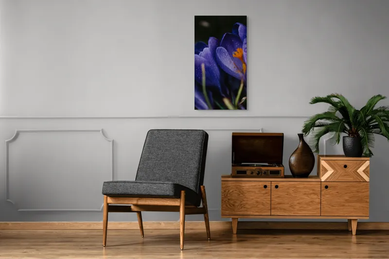 Tablou Canvas, "Petale violet mângâiate de ploaie", Picături, Petale, Violet, Stamine, Frumusețe, Natură, 50 x 90 cm – poza 8