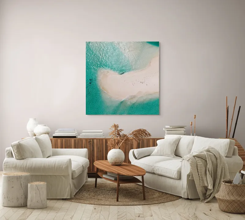 Tablou Canvas, "Insula viselor înconjurată de valuri turcoaz", Turcoaz, Nisip, Valuri, Linie De Coastă, Lumină, Textură, Natură, Serenitate, Ocean, Tranquilitate., 100 x 100 cm – poza 3