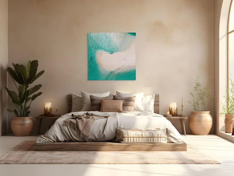 Tablou Canvas, "Insula viselor înconjurată de valuri turcoaz", Turcoaz, Nisip, Valuri, Linie De Coastă, Lumină, Textură, Natură, Serenitate, Ocean, Tranquilitate., 100 x 100 cm – poza 4