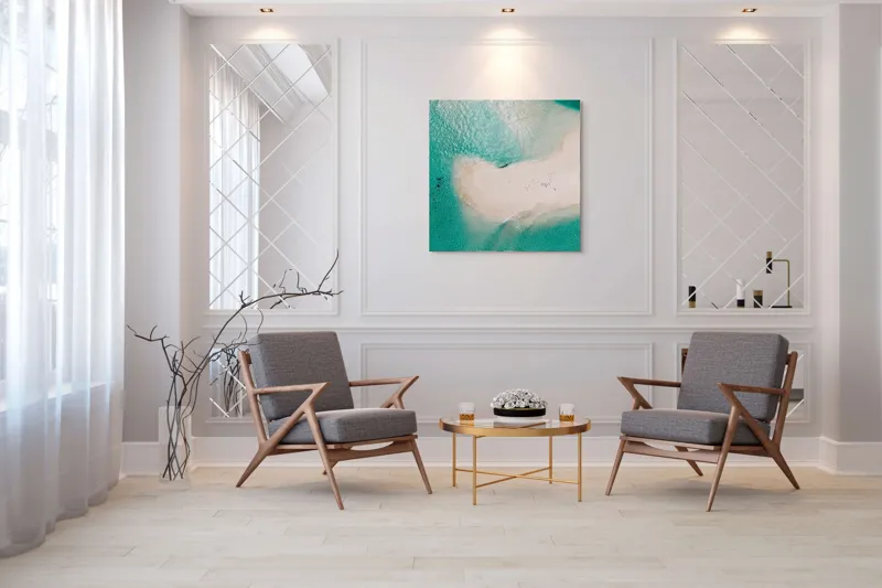 Tablou Canvas, "Insula viselor înconjurată de valuri turcoaz", Turcoaz, Nisip, Valuri, Linie De Coastă, Lumină, Textură, Natură, Serenitate, Ocean, Tranquilitate., 100 x 100 cm – poza 7