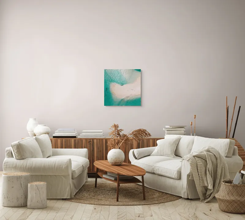 Tablou Canvas, "Insula viselor înconjurată de valuri turcoaz", Turcoaz, Nisip, Valuri, Linie De Coastă, Lumină, Textură, Natură, Serenitate, Ocean, Tranquilitate., 50 x 50 cm – poza 7