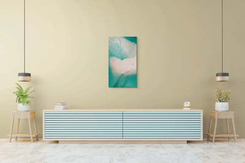 Tablou Canvas, "Insula viselor înconjurată de valuri turcoaz", Turcoaz, Nisip, Valuri, Linie De Coastă, Lumină, Textură, Natură, Serenitate, Ocean, Tranquilitate., 50 x 90 cm – poza 6
