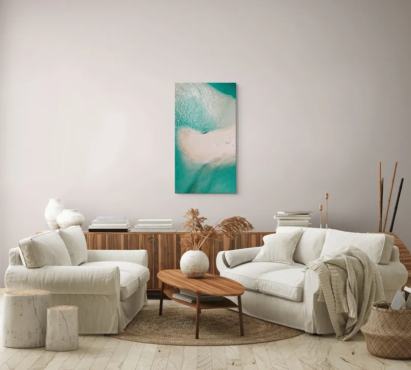 Tablou Canvas, "Insula viselor înconjurată de valuri turcoaz", Turcoaz, Nisip, Valuri, Linie De Coastă, Lumină, Textură, Natură, Serenitate, Ocean, Tranquilitate., 50 x 90 cm – poza 7