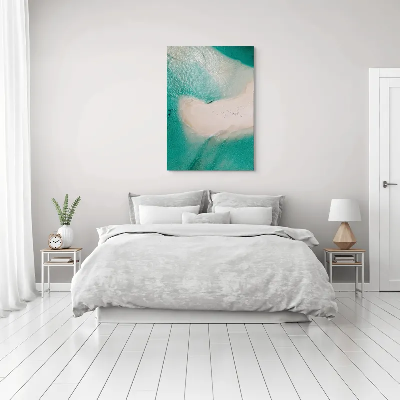 Tablou Canvas, "Insula viselor înconjurată de valuri turcoaz", Turcoaz, Nisip, Valuri, Linie De Coastă, Lumină, Textură, Natură, Serenitate, Ocean, Tranquilitate., 70 x 100 cm – poza 3