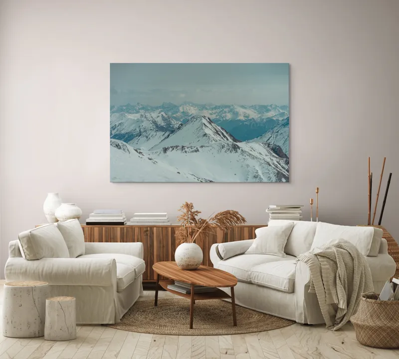 Tablou Canvas, "Vârfuri înzăpezite sub cer gri", Munți, Zăpadă, Cer, Ceață, Vârfuri, Gheață, Natură, Vista, 150 x 100 cm – poza 3