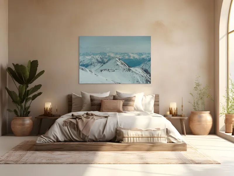 Tablou Canvas, "Vârfuri înzăpezite sub cer gri", Munți, Zăpadă, Cer, Ceață, Vârfuri, Gheață, Natură, Vista, 150 x 100 cm – poza 4