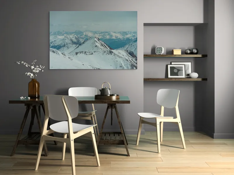 Tablou Canvas, "Vârfuri înzăpezite sub cer gri", Munți, Zăpadă, Cer, Ceață, Vârfuri, Gheață, Natură, Vista, 150 x 100 cm – poza 5