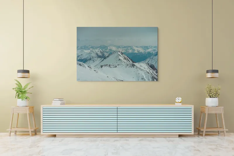 Tablou Canvas, "Vârfuri înzăpezite sub cer gri", Munți, Zăpadă, Cer, Ceață, Vârfuri, Gheață, Natură, Vista, 150 x 100 cm – poza 6