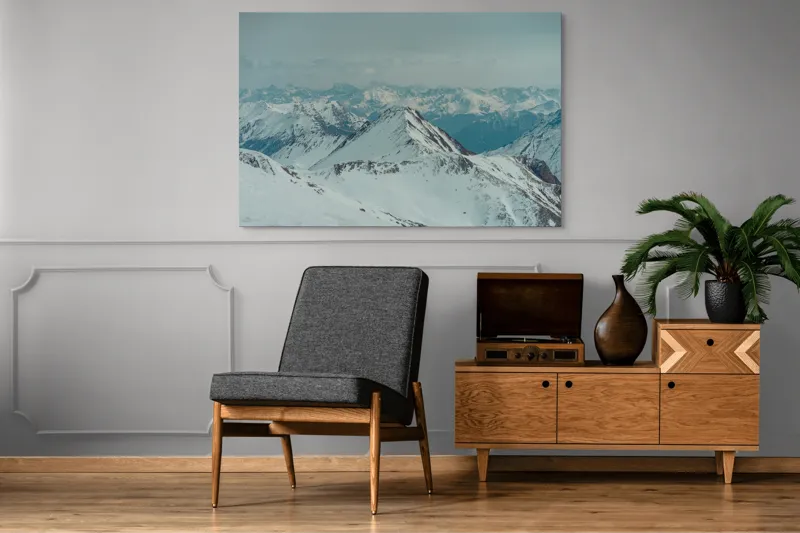 Tablou Canvas, "Vârfuri înzăpezite sub cer gri", Munți, Zăpadă, Cer, Ceață, Vârfuri, Gheață, Natură, Vista, 150 x 100 cm – poza 8