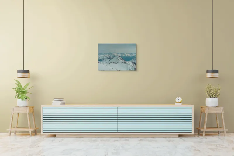 Tablou Canvas, "Vârfuri înzăpezite sub cer gri", Munți, Zăpadă, Cer, Ceață, Vârfuri, Gheață, Natură, Vista, 70 x 50 cm – poza 7