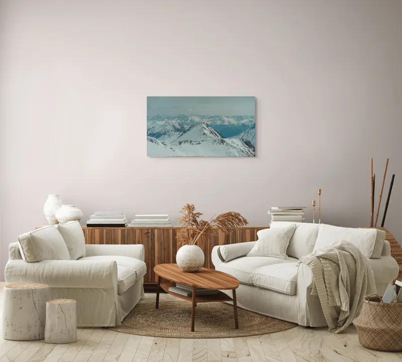Tablou Canvas, "Vârfuri înzăpezite sub cer gri", Munți, Zăpadă, Cer, Ceață, Vârfuri, Gheață, Natură, Vista, 90 x 50 cm – poza 4