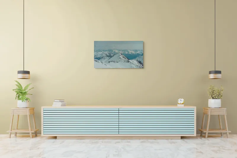 Tablou Canvas, "Vârfuri înzăpezite sub cer gri", Munți, Zăpadă, Cer, Ceață, Vârfuri, Gheață, Natură, Vista, 90 x 50 cm – poza 5