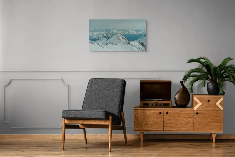 Tablou Canvas, "Vârfuri înzăpezite sub cer gri", Munți, Zăpadă, Cer, Ceață, Vârfuri, Gheață, Natură, Vista, 90 x 50 cm – poza 6