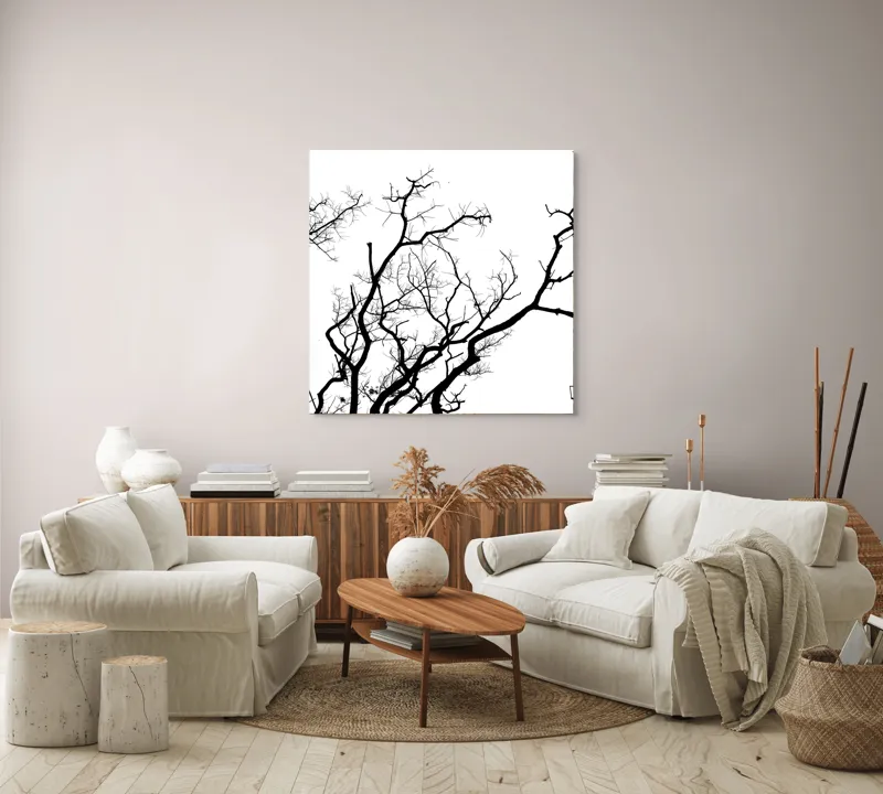 Tablou Canvas, "Umbră de ramuri curajoase și fragile", Crengi, Siluetă, Contrast, Minimalism, Natură, Melancolie, Frumusețe, Întunecate, Încrengături, Cer, Simplicitate, Linie, Dramatic, Textură, Artistic., 100 x 100 cm – poza 3