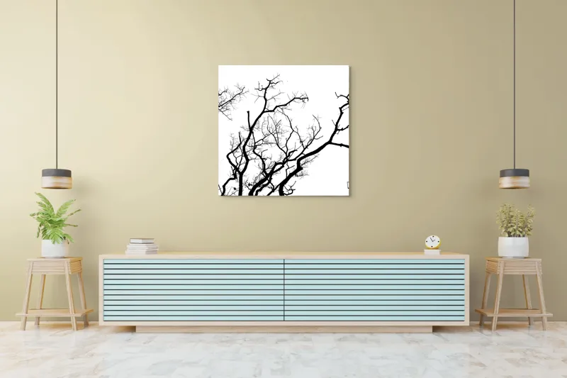 Tablou Canvas, "Umbră de ramuri curajoase și fragile", Crengi, Siluetă, Contrast, Minimalism, Natură, Melancolie, Frumusețe, Întunecate, Încrengături, Cer, Simplicitate, Linie, Dramatic, Textură, Artistic., 100 x 100 cm – poza 5