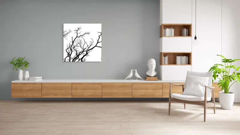 Tablou Canvas, "Umbră de ramuri curajoase și fragile", Crengi, Siluetă, Contrast, Minimalism, Natură, Melancolie, Frumusețe, Întunecate, Încrengături, Cer, Simplicitate, Linie, Dramatic, Textură, Artistic., 100 x 100 cm – poza 8