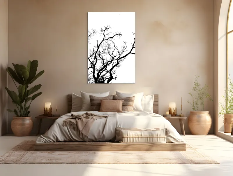 Tablou Canvas, "Umbră de ramuri curajoase și fragile", Crengi, Siluetă, Contrast, Minimalism, Natură, Melancolie, Frumusețe, Întunecate, Încrengături, Cer, Simplicitate, Linie, Dramatic, Textură, Artistic., 100 x 150 cm – poza 3