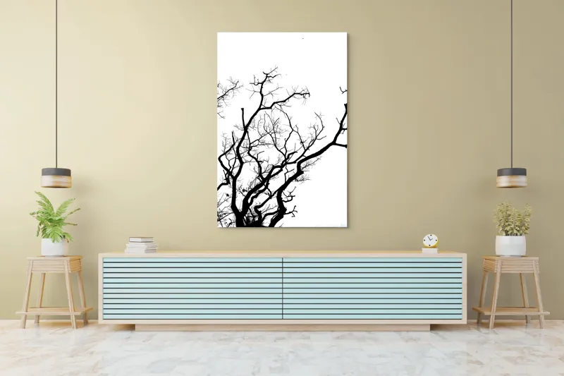 Tablou Canvas, "Umbră de ramuri curajoase și fragile", Crengi, Siluetă, Contrast, Minimalism, Natură, Melancolie, Frumusețe, Întunecate, Încrengături, Cer, Simplicitate, Linie, Dramatic, Textură, Artistic., 100 x 150 cm – poza 4