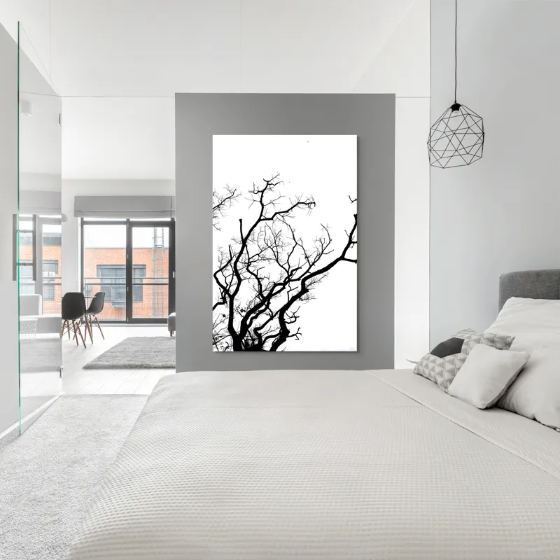 Tablou Canvas, "Umbră de ramuri curajoase și fragile", Crengi, Siluetă, Contrast, Minimalism, Natură, Melancolie, Frumusețe, Întunecate, Încrengături, Cer, Simplicitate, Linie, Dramatic, Textură, Artistic., 100 x 150 cm – poza 5