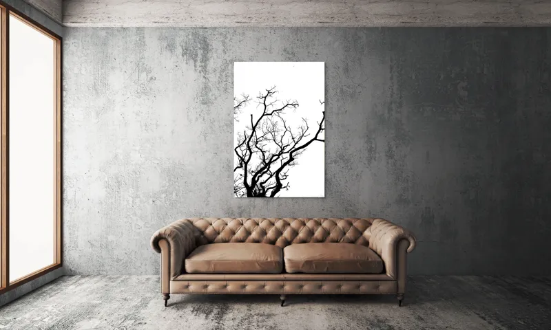 Tablou Canvas, "Umbră de ramuri curajoase și fragile", Crengi, Siluetă, Contrast, Minimalism, Natură, Melancolie, Frumusețe, Întunecate, Încrengături, Cer, Simplicitate, Linie, Dramatic, Textură, Artistic., 100 x 150 cm – poza 6