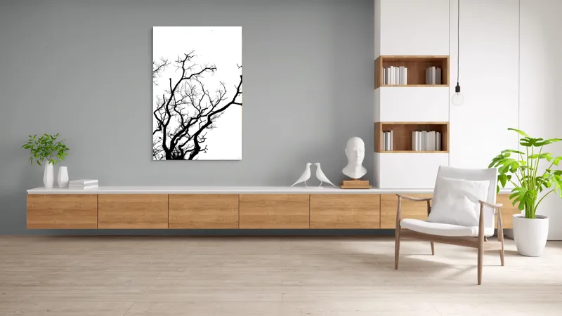 Tablou Canvas, "Umbră de ramuri curajoase și fragile", Crengi, Siluetă, Contrast, Minimalism, Natură, Melancolie, Frumusețe, Întunecate, Încrengături, Cer, Simplicitate, Linie, Dramatic, Textură, Artistic., 100 x 150 cm – poza 8