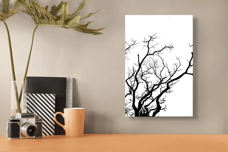 Tablou Canvas, "Umbră de ramuri curajoase și fragile", Crengi, Siluetă, Contrast, Minimalism, Natură, Melancolie, Frumusețe, Întunecate, Încrengături, Cer, Simplicitate, Linie, Dramatic, Textură, Artistic., 26 x 39 cm – poza 3