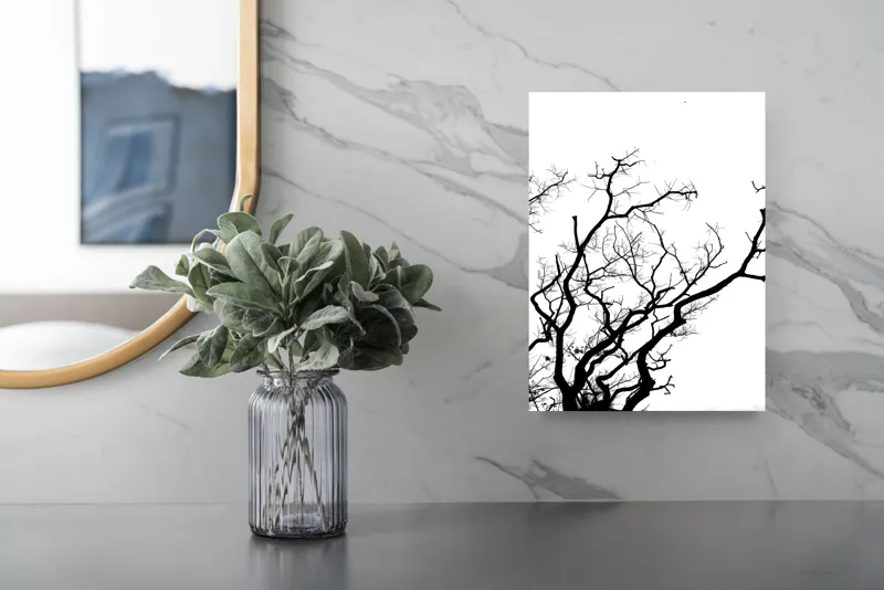 Tablou Canvas, "Umbră de ramuri curajoase și fragile", Crengi, Siluetă, Contrast, Minimalism, Natură, Melancolie, Frumusețe, Întunecate, Încrengături, Cer, Simplicitate, Linie, Dramatic, Textură, Artistic., 26 x 39 cm – poza 4