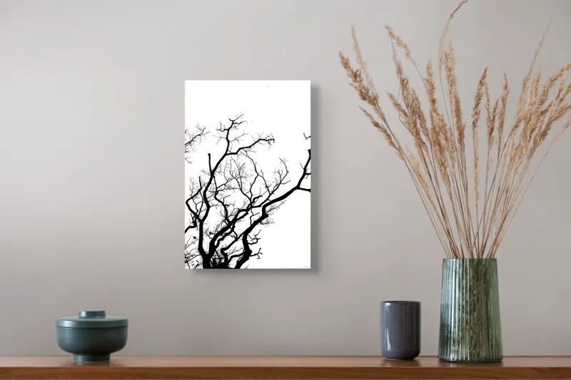 Tablou Canvas, "Umbră de ramuri curajoase și fragile", Crengi, Siluetă, Contrast, Minimalism, Natură, Melancolie, Frumusețe, Întunecate, Încrengături, Cer, Simplicitate, Linie, Dramatic, Textură, Artistic., 26 x 39 cm – poza 5