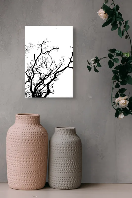 Tablou Canvas, "Umbră de ramuri curajoase și fragile", Crengi, Siluetă, Contrast, Minimalism, Natură, Melancolie, Frumusețe, Întunecate, Încrengături, Cer, Simplicitate, Linie, Dramatic, Textură, Artistic., 26 x 39 cm – poza 6
