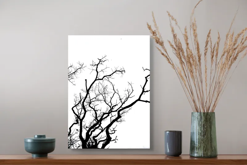 Tablou Canvas, "Umbră de ramuri curajoase și fragile", Crengi, Siluetă, Contrast, Minimalism, Natură, Melancolie, Frumusețe, Întunecate, Încrengături, Cer, Simplicitate, Linie, Dramatic, Textură, Artistic., 39 x 54 cm – poza 3