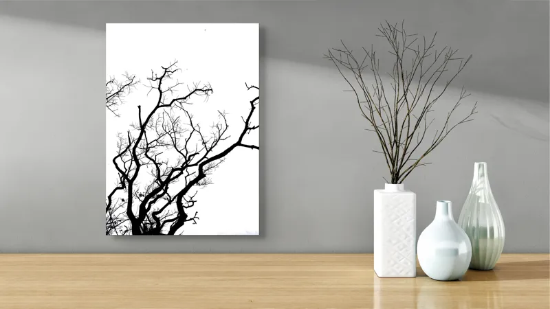 Tablou Canvas, "Umbră de ramuri curajoase și fragile", Crengi, Siluetă, Contrast, Minimalism, Natură, Melancolie, Frumusețe, Întunecate, Încrengături, Cer, Simplicitate, Linie, Dramatic, Textură, Artistic., 39 x 54 cm – poza 4