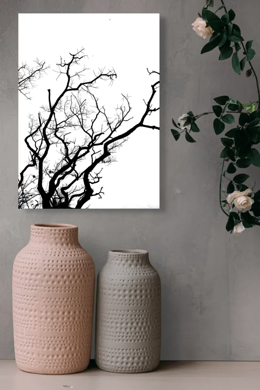 Tablou Canvas, "Umbră de ramuri curajoase și fragile", Crengi, Siluetă, Contrast, Minimalism, Natură, Melancolie, Frumusețe, Întunecate, Încrengături, Cer, Simplicitate, Linie, Dramatic, Textură, Artistic., 39 x 54 cm – poza 6