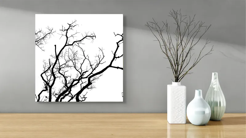 Tablou Canvas, "Umbră de ramuri curajoase și fragile", Crengi, Siluetă, Contrast, Minimalism, Natură, Melancolie, Frumusețe, Întunecate, Încrengături, Cer, Simplicitate, Linie, Dramatic, Textură, Artistic., 50 x 50 cm – poza 3