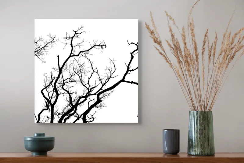 Tablou Canvas, "Umbră de ramuri curajoase și fragile", Crengi, Siluetă, Contrast, Minimalism, Natură, Melancolie, Frumusețe, Întunecate, Încrengături, Cer, Simplicitate, Linie, Dramatic, Textură, Artistic., 50 x 50 cm – poza 4